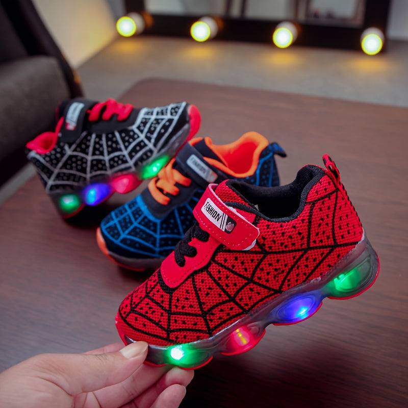 LED Light-Up Spider Net Sneakers for Boys – Breathable, Non-Slip Running Shoes!