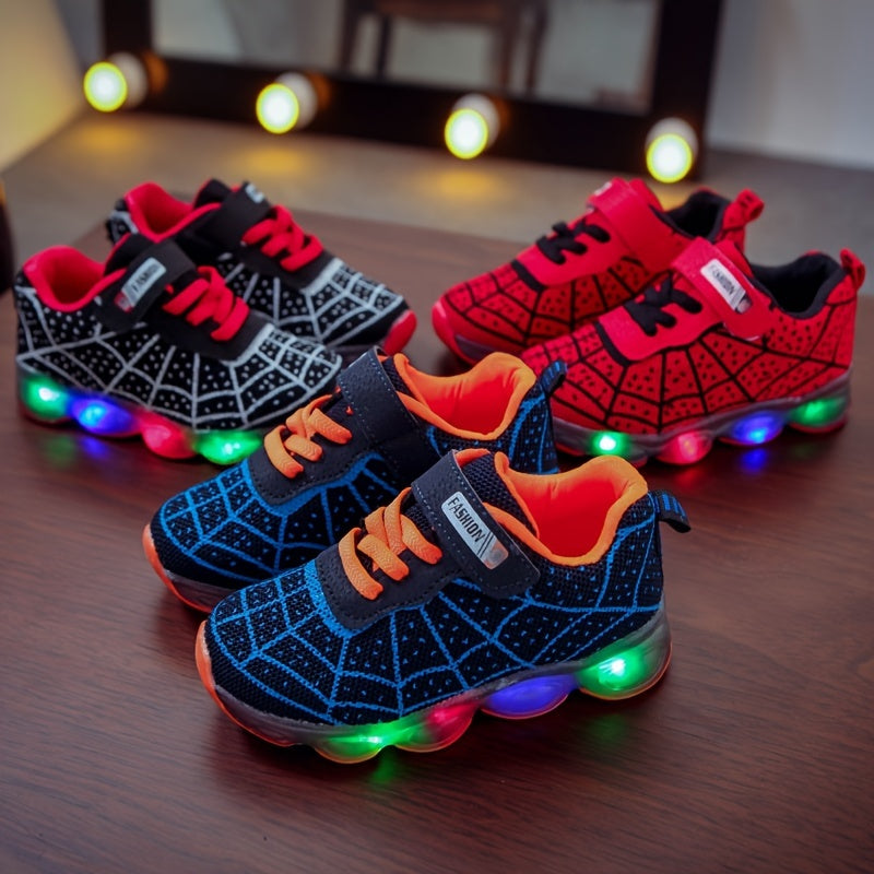 LED Light-Up Spider Net Sneakers for Boys – Breathable, Non-Slip Running Shoes!