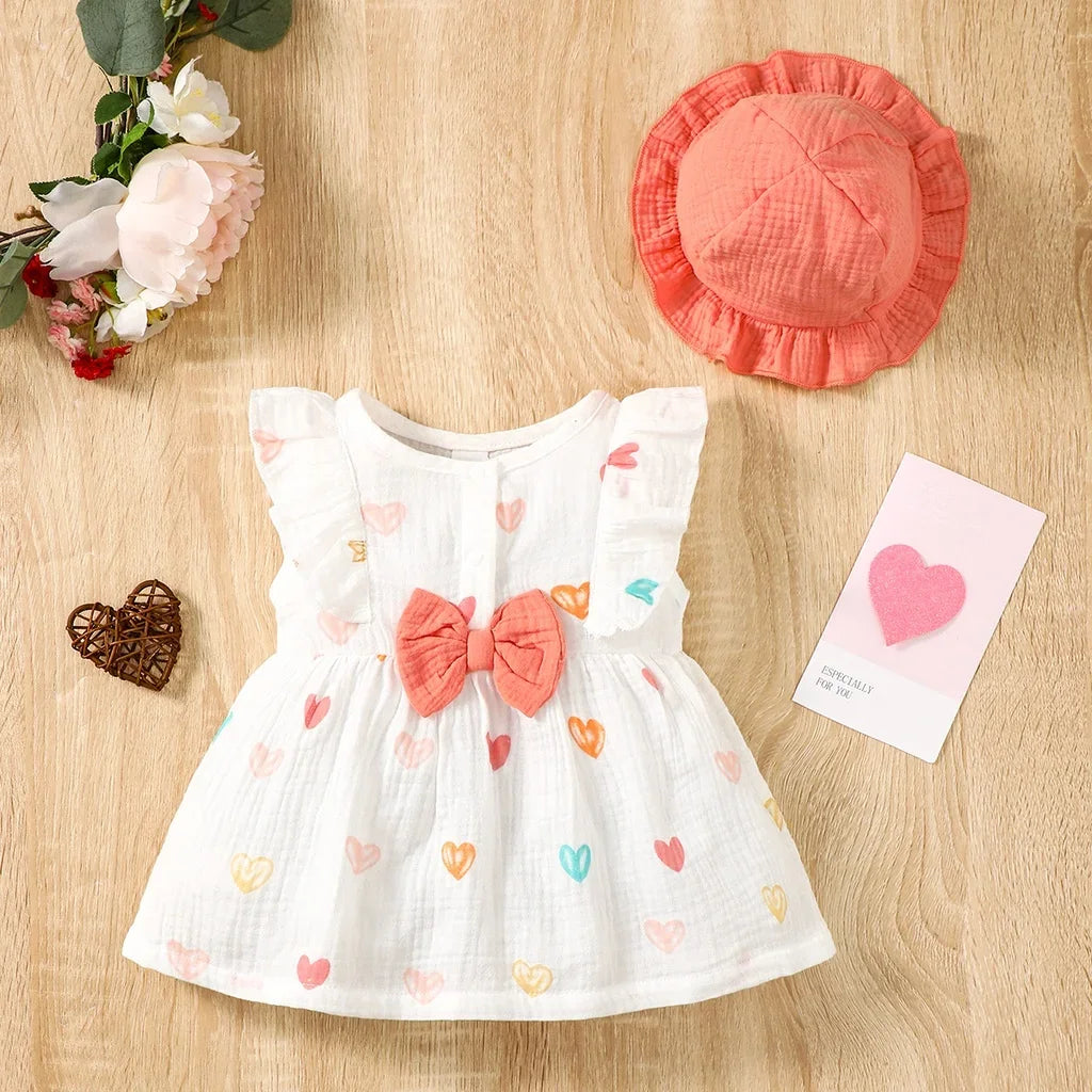 2PCS Newborn Baby Girl Dress Set – Love Print Sleeveless Dress & Hat, 0-9 Months!