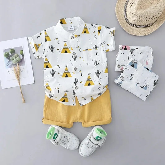 2PCS Kids' Summer Cotton Set – Triangle Pattern Short Sleeve Shirt & Shorts!