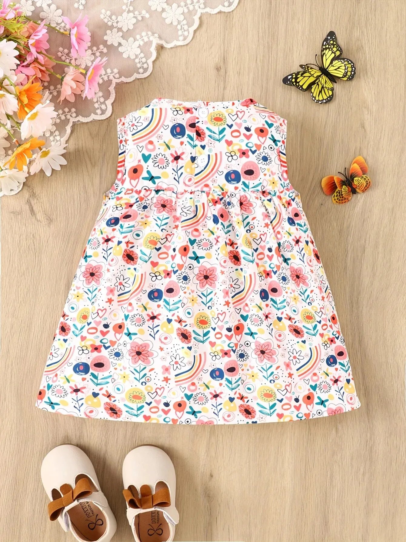 Baby Girl Cartoon Flower Print Dress – Cute & Breathable Sleeveless Summer Outfit!