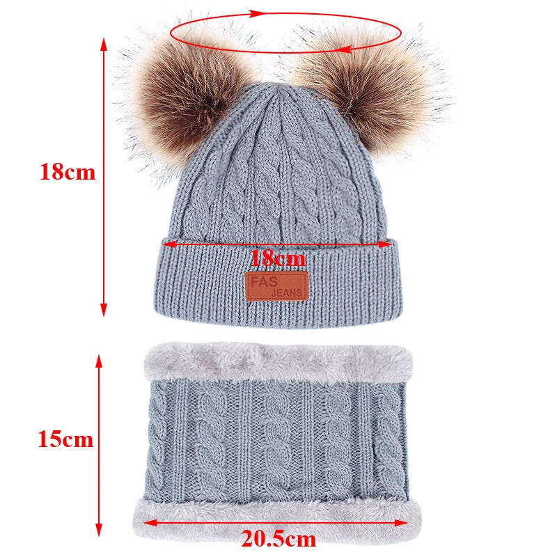 Double Pompom Baby Knitted Hat Scarf Gloves Set Winter Warm Boys Bonnet Outdoor Thicken Toddler Hats for Girl Infant Accessories