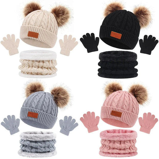 Double Pompom Baby Knitted Hat Scarf Gloves Set Winter Warm Boys Bonnet Outdoor Thicken Toddler Hats for Girl Infant Accessories