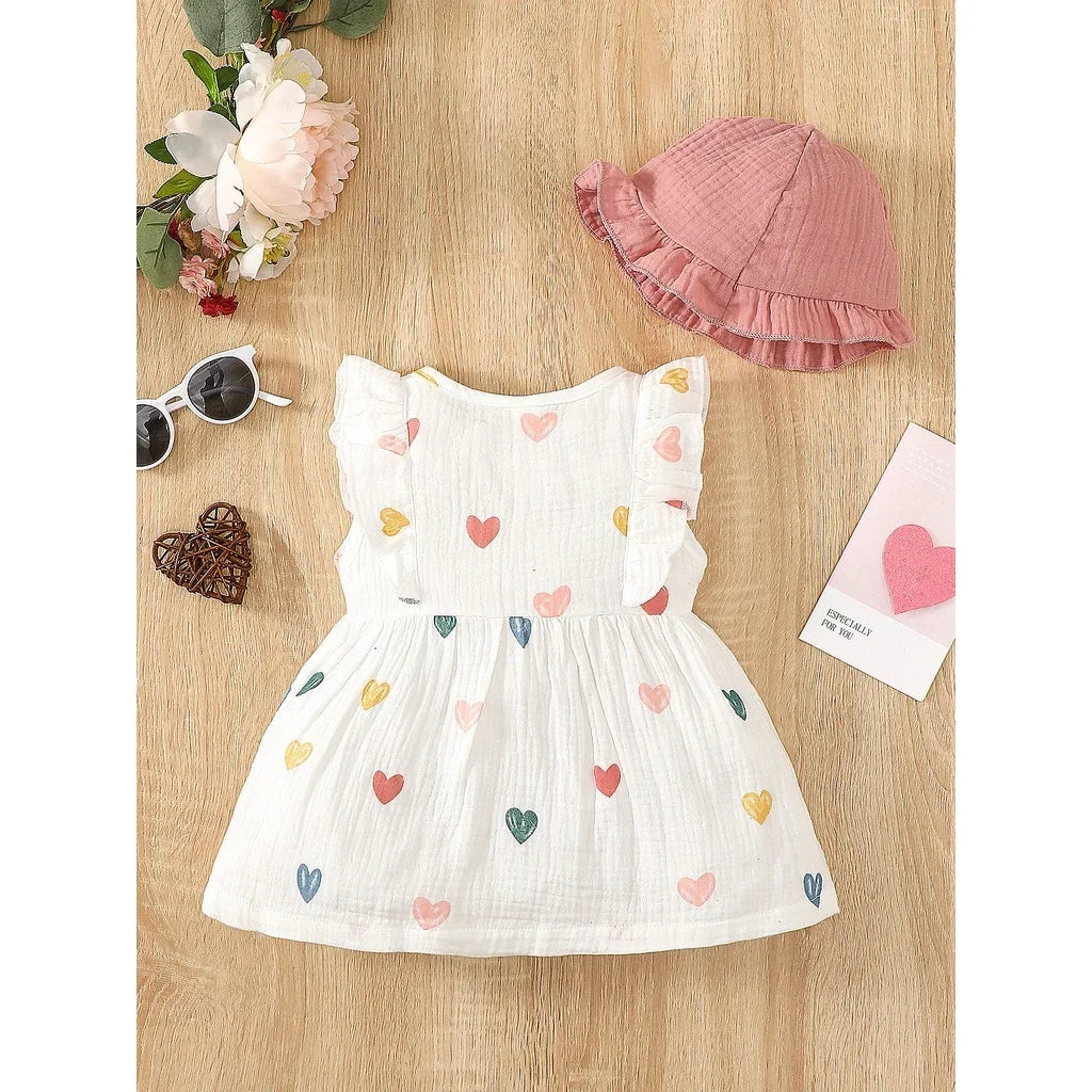 2PCS Newborn Baby Girl Dress Set – Love Print Sleeveless Dress & Hat, 0-9 Months!