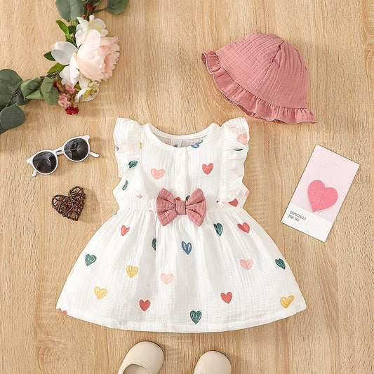 2PCS Newborn Baby Girl Dress Set – Love Print Sleeveless Dress & Hat, 0-9 Months!