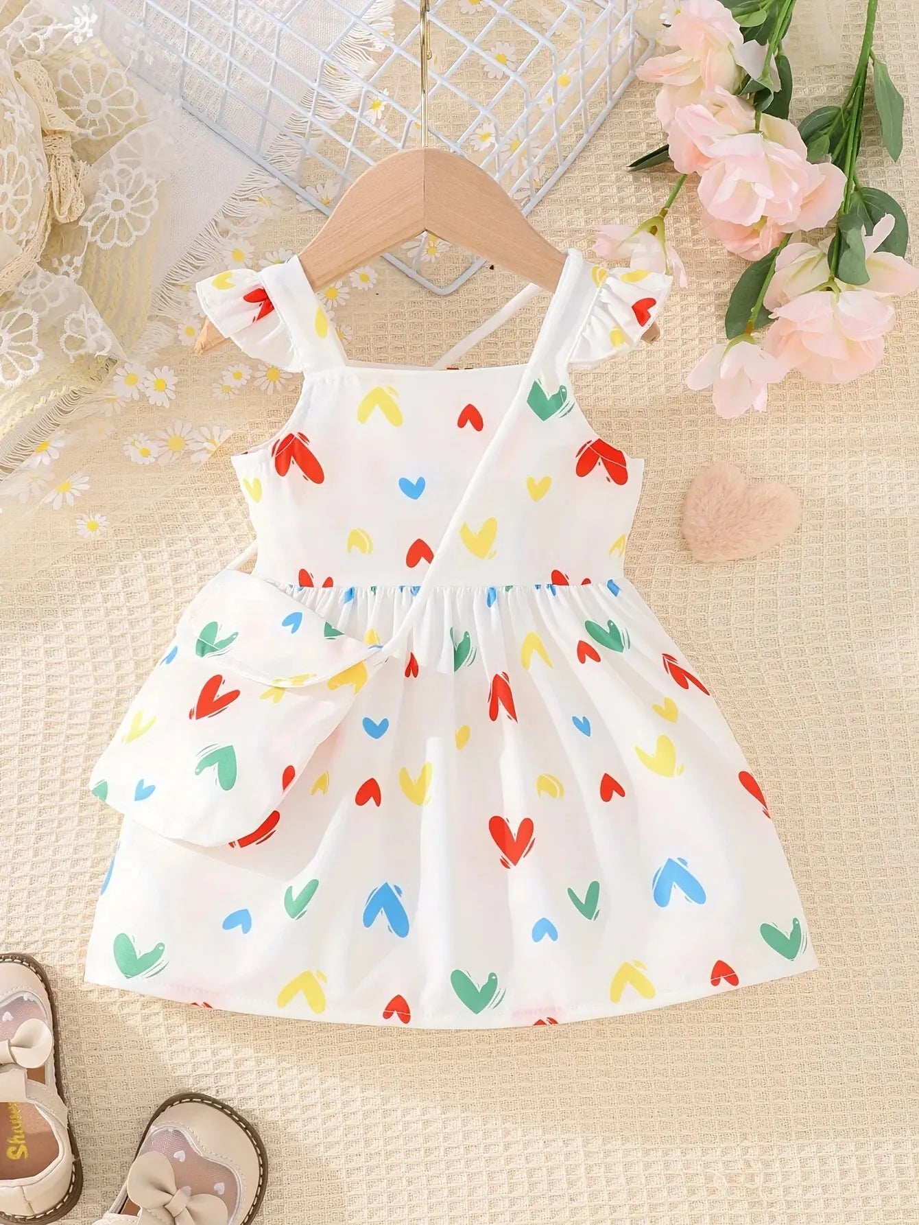 2-Piece Summer Baby Girl Dress Set – Cute Love Pattern with Shoulder Bag!