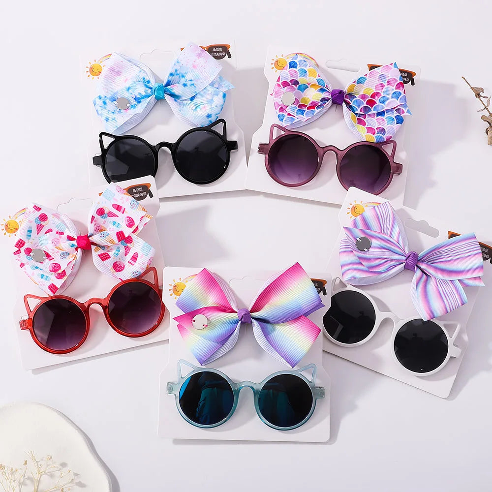 Fashion Baby Hair Glasses Accessories Set Nylon Bows Headband for Newborn Girl Lovely Hairclips Babe Sunglasses Headwear Sets