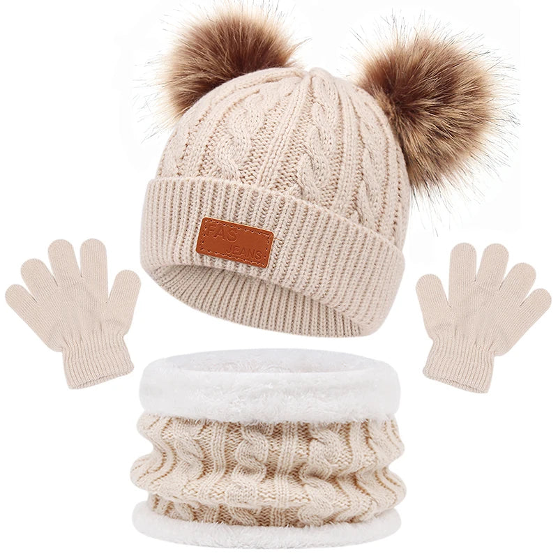 Double Pompom Baby Knitted Hat Scarf Gloves Set Winter Warm Boys Bonnet Outdoor Thicken Toddler Hats for Girl Infant Accessories