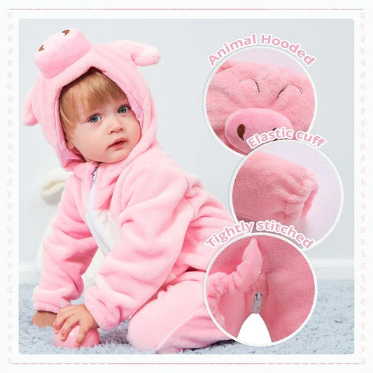 Halloween Gifts Pink Pig Baby Rompers Autumn Winter Clothes Costume Flannel Hooded Bodysuit Pajamas Jumpsuit For Girls