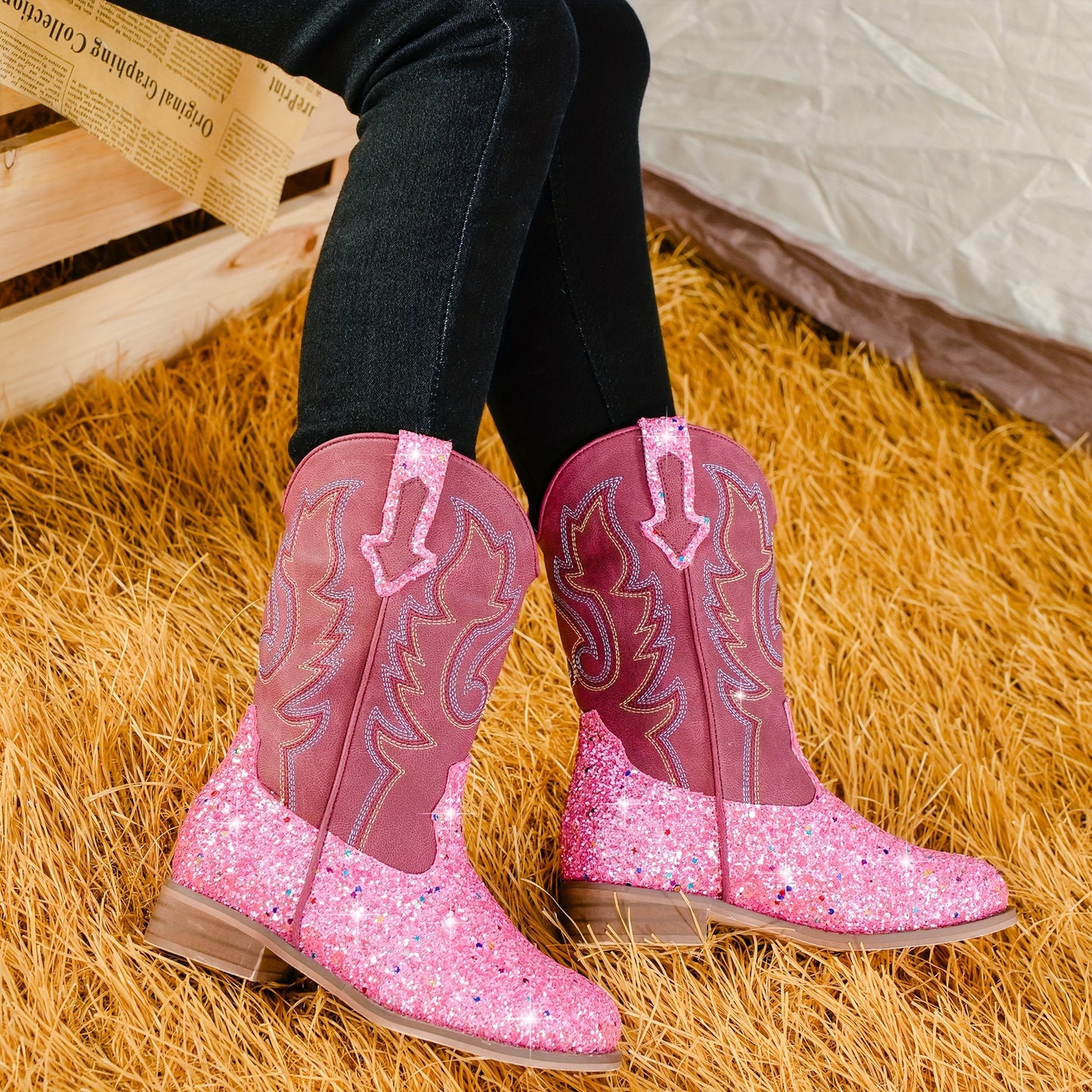 Sparkling Sequined Cowgirl Boots for Girls, Trendy Party & Holiday Performance Boots