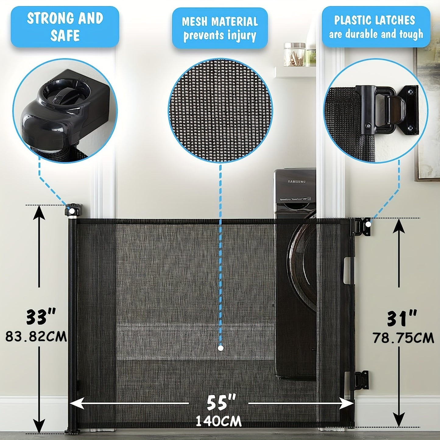 Retractable Pet Gate: 33” Tall, 55” Wide – Ideal for Stairs, Hallways & Doorways!